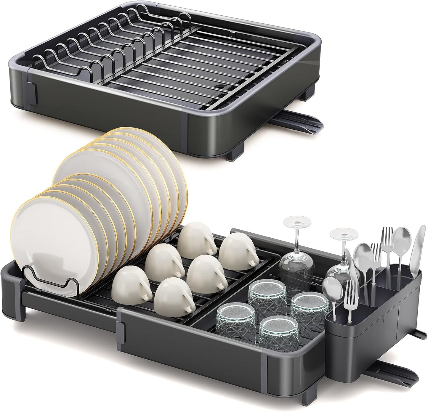 Expandable Dish Drying Rack for Kitchen Counter, Aluminium and Rustproof with 360° Rotatable Spout