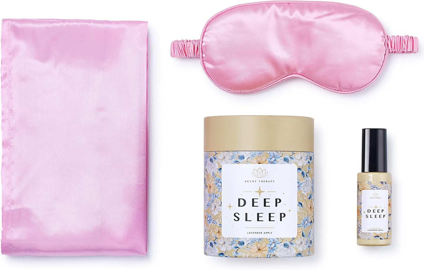 ADELE GOURDAIN Deep Sleep Set  with Eye Mask, Lavender and Apple Room Spray, Pink Satin Pillowcase