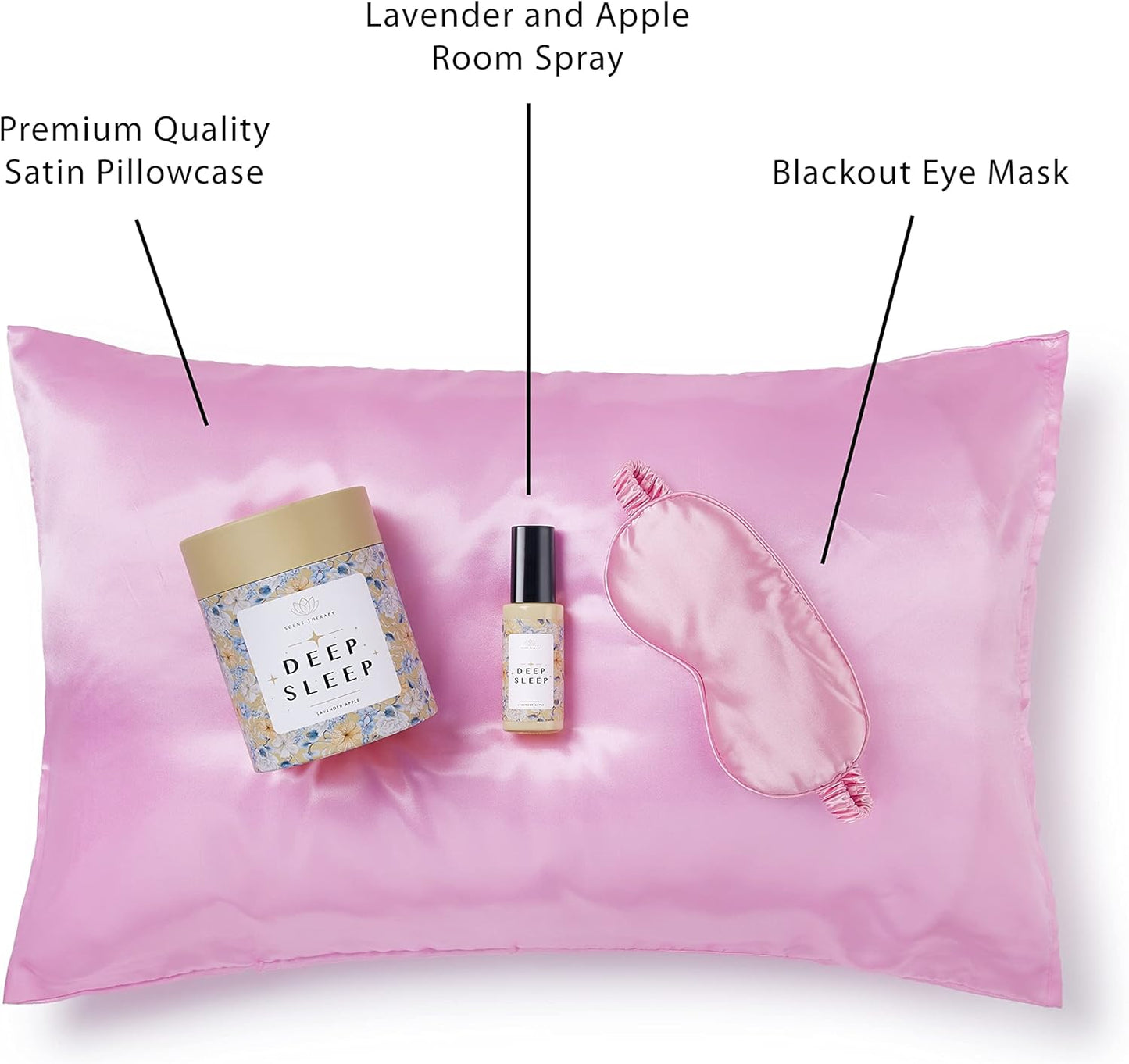 ADELE GOURDAIN Deep Sleep Set  with Eye Mask, Lavender and Apple Room Spray, Pink Satin Pillowcase