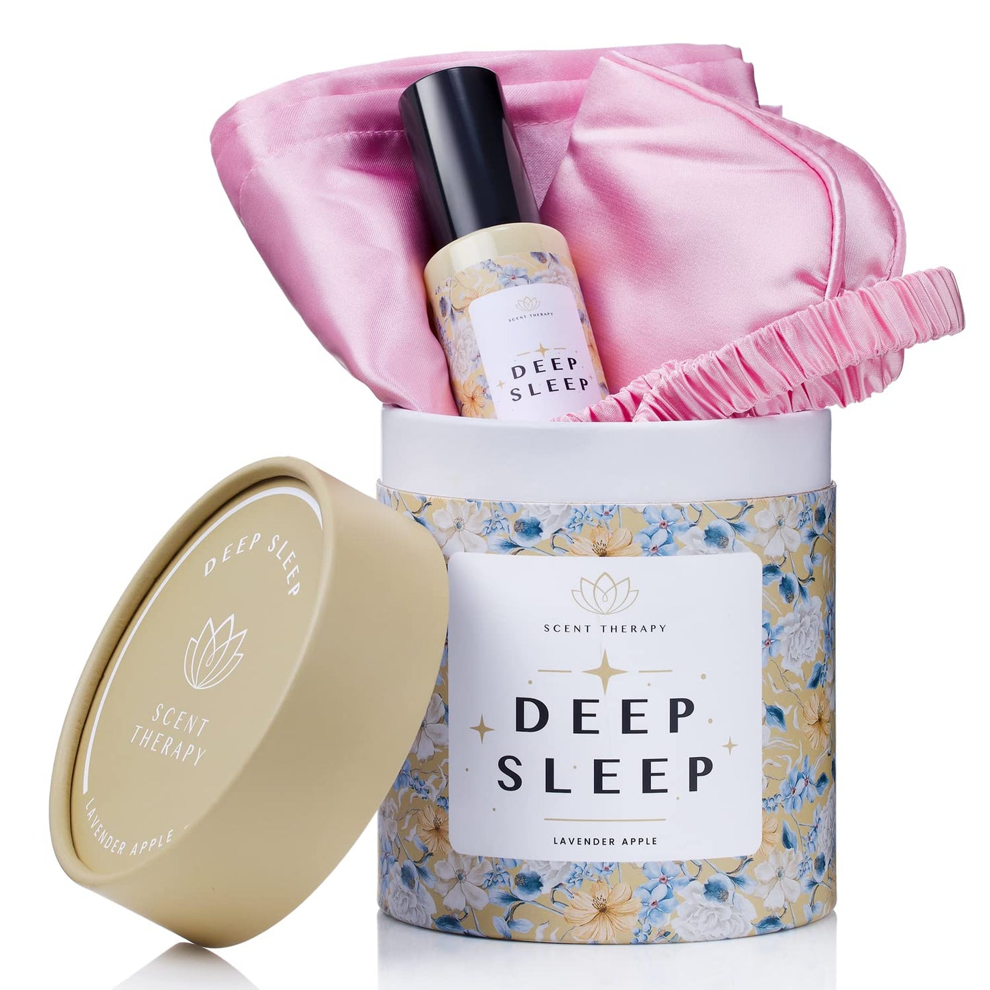 ADELE GOURDAIN Deep Sleep Set  with Eye Mask, Lavender and Apple Room Spray, Pink Satin Pillowcase