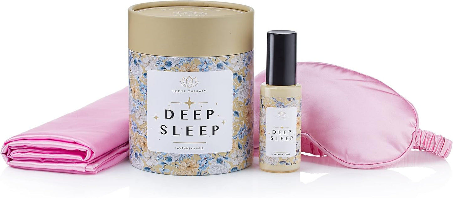 ADELE GOURDAIN Deep Sleep Set  with Eye Mask, Lavender and Apple Room Spray, Pink Satin Pillowcase