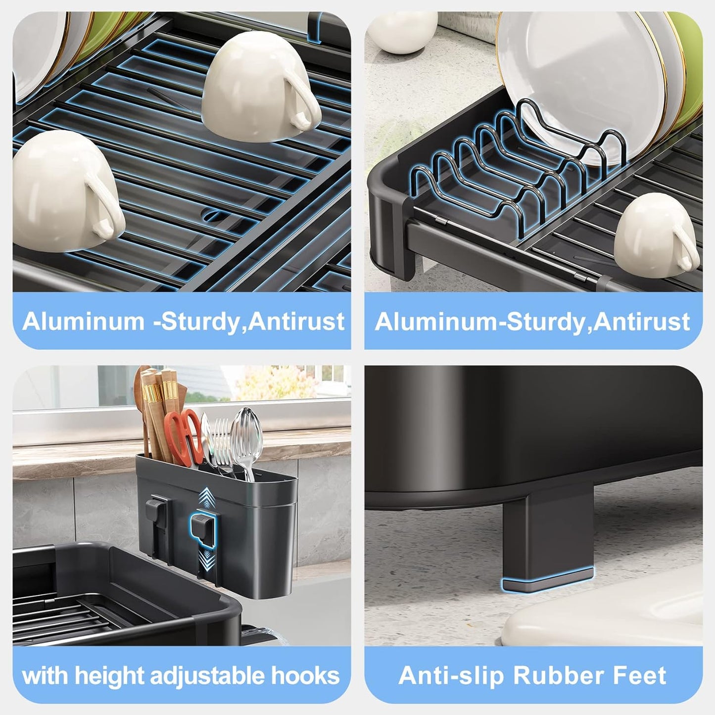 Expandable Dish Drying Rack for Kitchen Counter, Aluminium and Rustproof with 360° Rotatable Spout