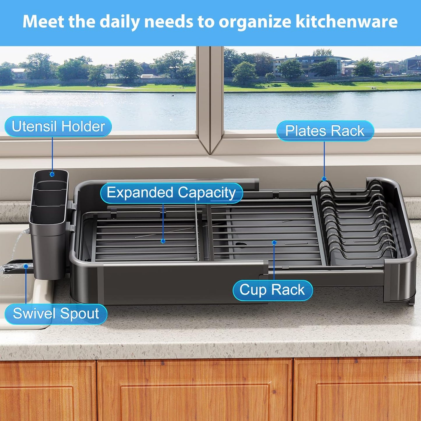 Expandable Dish Drying Rack for Kitchen Counter, Aluminium and Rustproof with 360° Rotatable Spout