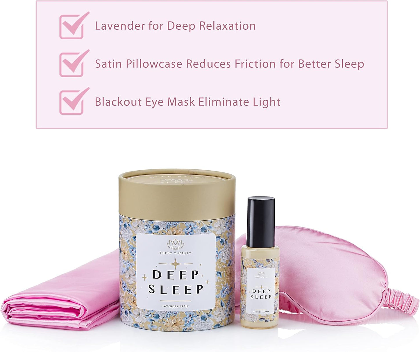 ADELE GOURDAIN Deep Sleep Set  with Eye Mask, Lavender and Apple Room Spray, Pink Satin Pillowcase