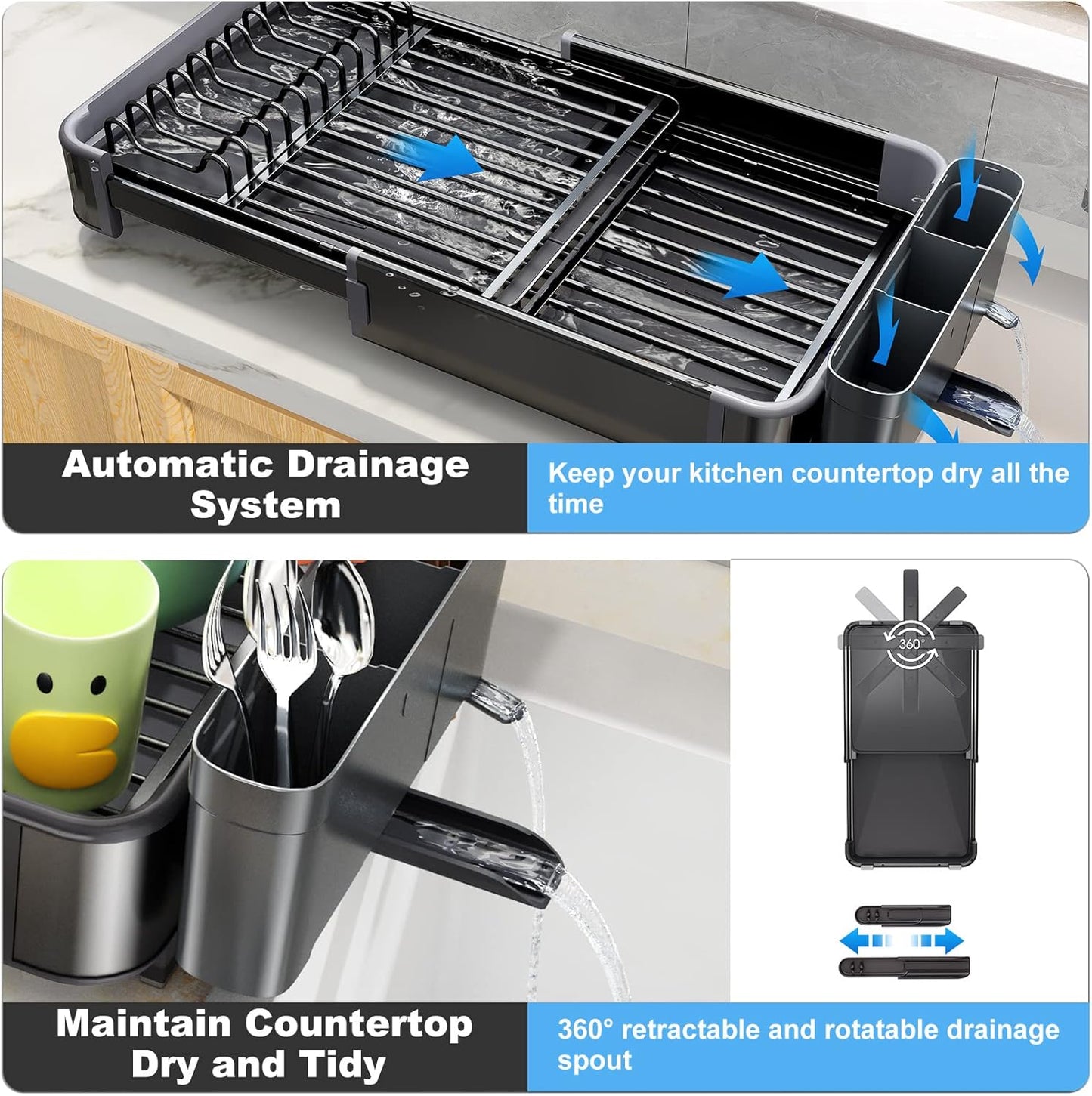 Expandable Dish Drying Rack for Kitchen Counter, Aluminium and Rustproof with 360° Rotatable Spout