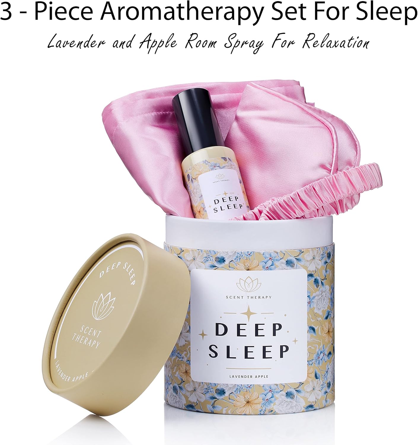 ADELE GOURDAIN Deep Sleep Set  with Eye Mask, Lavender and Apple Room Spray, Pink Satin Pillowcase