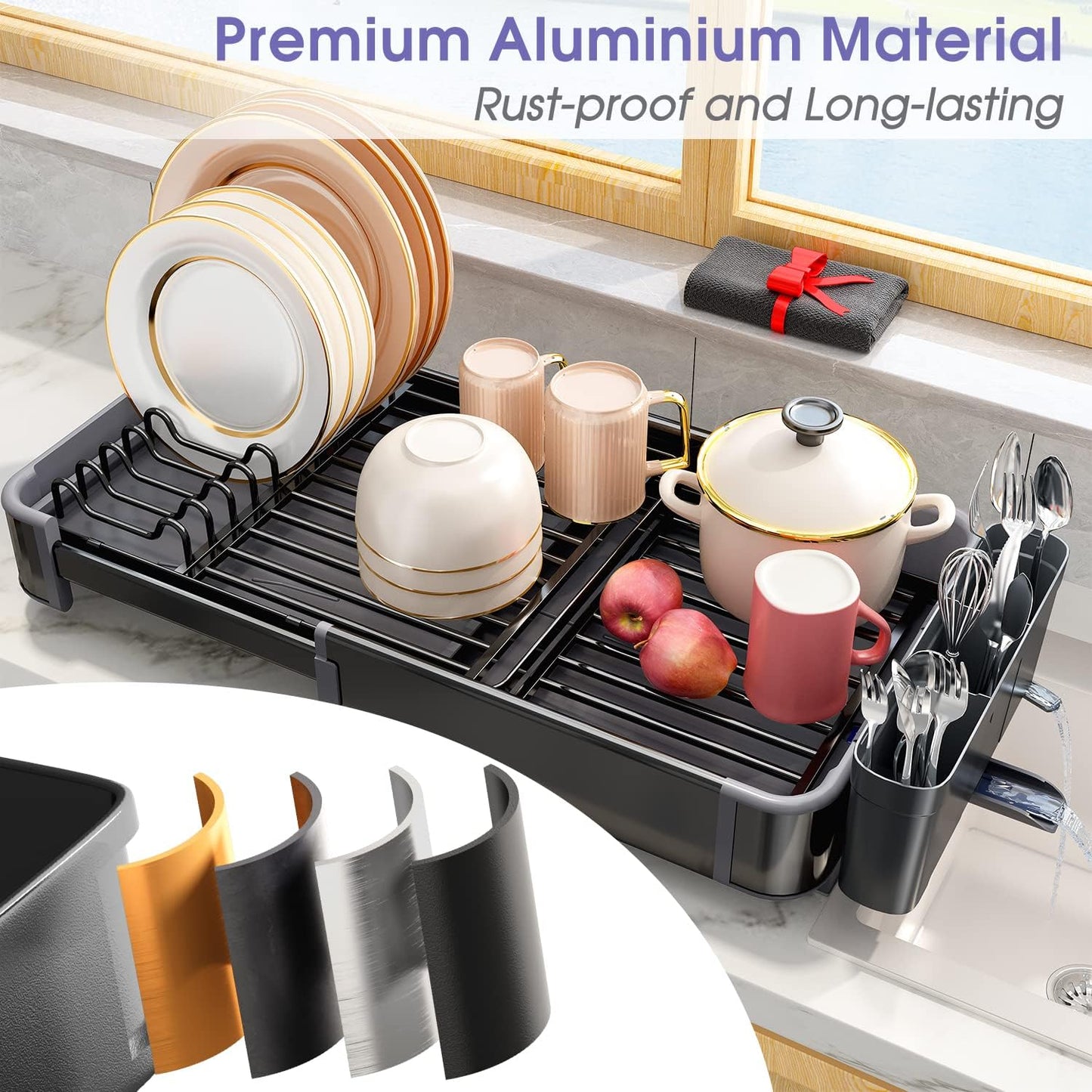 Expandable Dish Drying Rack for Kitchen Counter, Aluminium and Rustproof with 360° Rotatable Spout