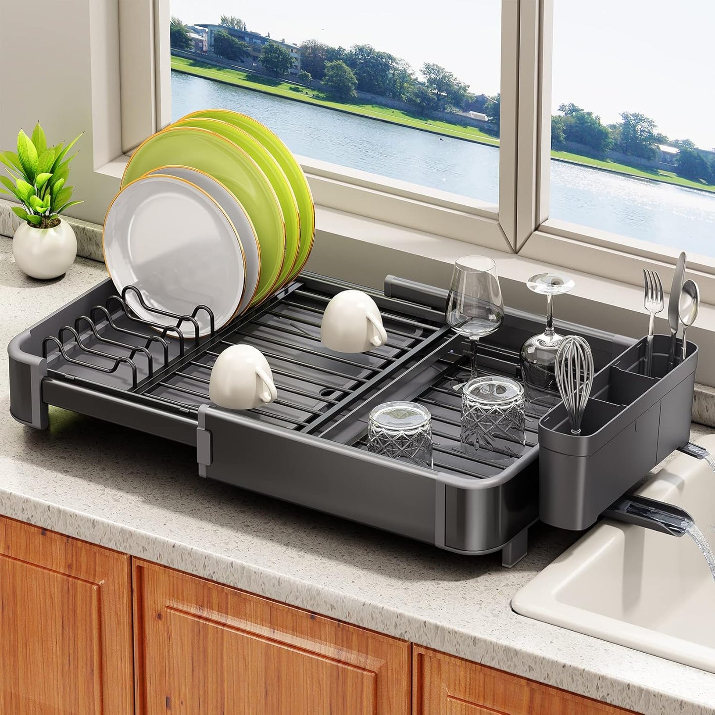 Expandable Dish Drying Rack for Kitchen Counter, Aluminium and Rustproof with 360° Rotatable Spout