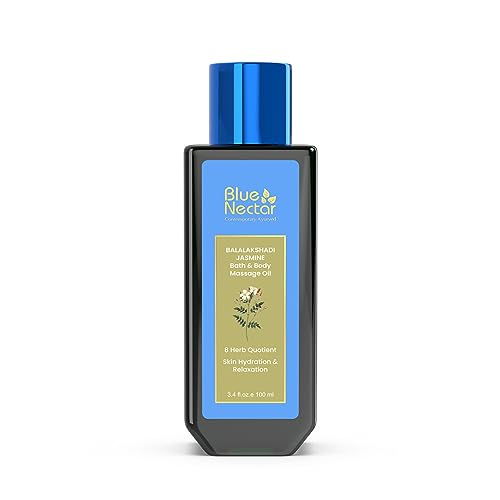 Blue Nectar Relaxing & Sensuous Massage Oil for Massage Therapy for Women & Men with Jasmine Oil & Almond Oil | Aromatic Bath Oil with Jasmine Body Oil for Dry Skin (8 Herbs,100ml)