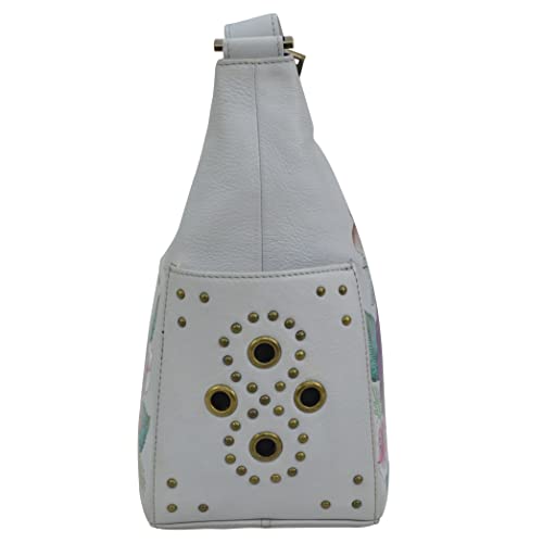 Anuschka Women’s Genuine Leather Classic Hobo With Studded Side Pockets - Hand Painted Exterior - Floral Charm