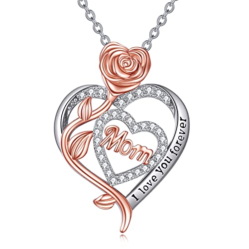 TOUPOP Mother‘ s Day Gifts from Daughter Sterling Silver Mother Neckalce for Women Rose Flower Heart Pendant Jewellery Birthday Gifts for Mum from Son