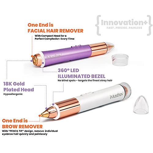 iMusthav Dual Function Brow & Facial Hair Remover USB Rechargeable. Precision “Pencil-tip” 18K Gold Plated Heads 360-degree LED Light. All Your Facial Hair Removal Needs in one Unit (Amethyst)