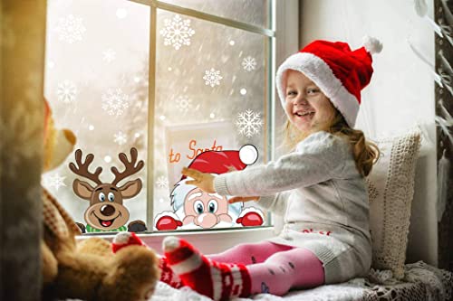 VEYLIN Christmas Window Stickers, 6 Sheet Peeping Santa & Rudolph Snowflakes Window Clings PVC Staic Stickers for Christmas Window Display