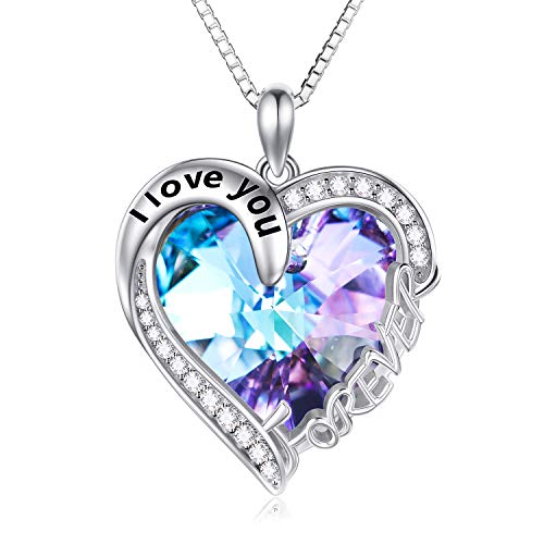 TOUPOP Heart Necklaces for Women Sterling Silver I Love You Forever Necklace with Blue Heart Crystal Jewelry Gifts for Women Girls Birthday Wife Mom Mother's Day Gifts