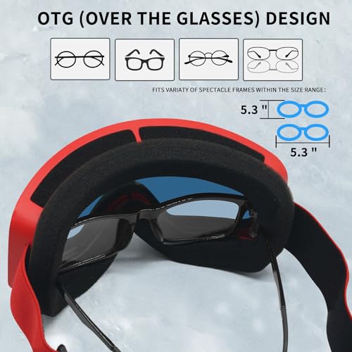 Ski Goggles, Snowboard Goggles, OTG Ski Glasses with UV400 protection, Anti Fog, Anti glare, REVO-Tech Ski Glasses Suitable for snowboarding, snowmobiles Sking Goggles for Men Women