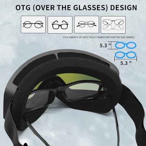 Ski Goggles, Snowboard Goggles, OTG Ski Glasses with UV400 protection, Anti Fog, Anti glare, REVO-Tech Ski Glasses Suitable for snowboarding, snowmobiles Sking Goggles for Men Women