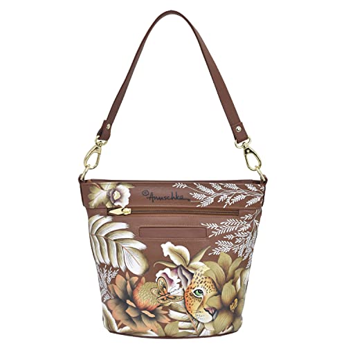 Anuschka Women’s Hand Painted Genuine Leather Tall Bucket Hobo - Cleopatra's Leopard Tan