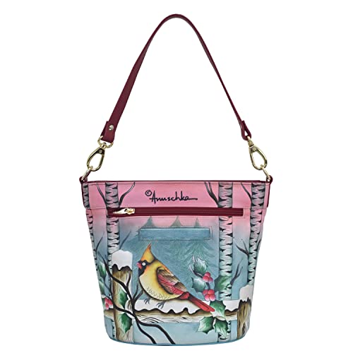 Anuschka Women’s Hand Painted Genuine Leather Tall Bucket Hobo - Snowy Cardinal