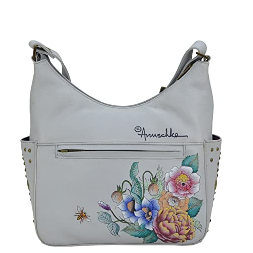 Anuschka Women’s Genuine Leather Classic Hobo With Studded Side Pockets - Hand Painted Exterior - Floral Charm