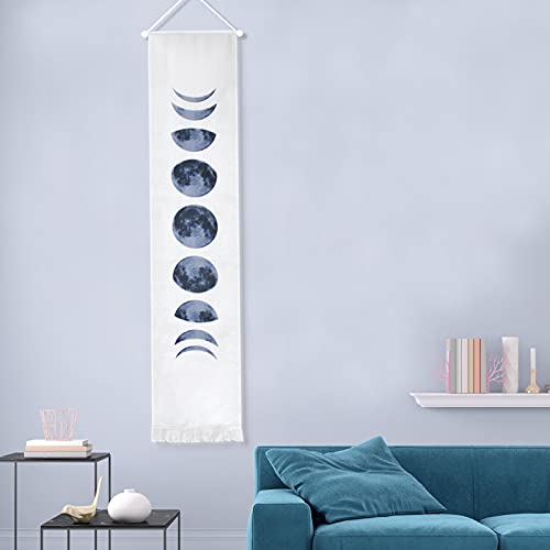 QSUM Linen Moon Phases Tapestry, 53 x 12.5 in Wall Hangings Moon Tapestry Nine Phases of The Full Growth Cycle Wall Art for Home Decorations (White)