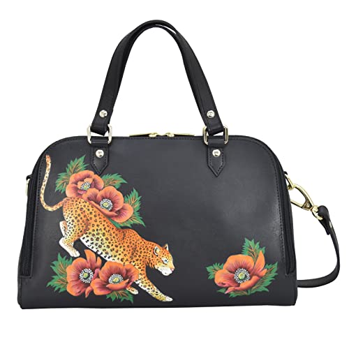 Anuschka Women’s Hand Painted Genuine Leather Wide Organizer Satchel - Enigmatic Leopard