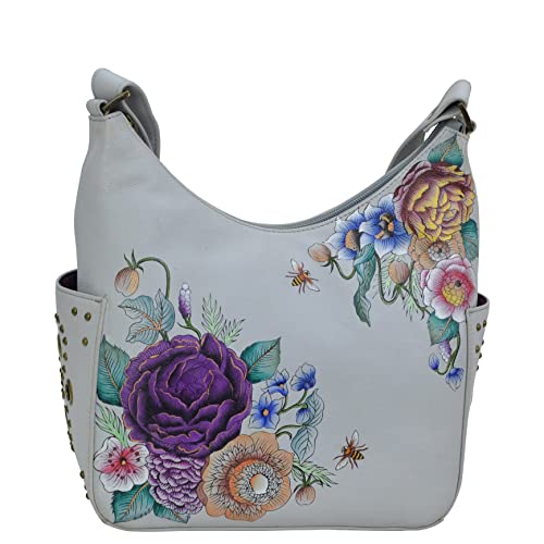 Anuschka Women’s Genuine Leather Classic Hobo With Studded Side Pockets - Hand Painted Exterior - Floral Charm