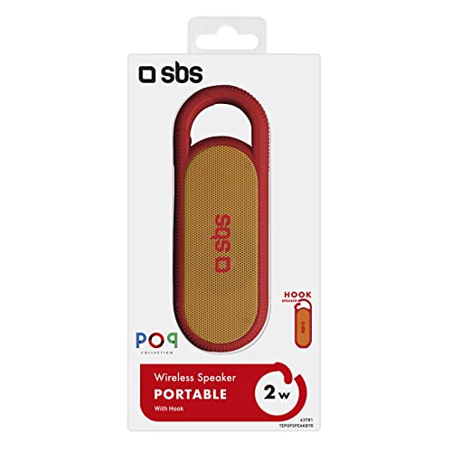 SBS Compact 2W Wireless Speaker, 300mAh Battery & Belt Hook, USB Charging Cable Included - Red