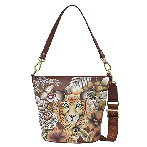 Anuschka Women’s Hand Painted Genuine Leather Tall Bucket Hobo - Cleopatra's Leopard Tan