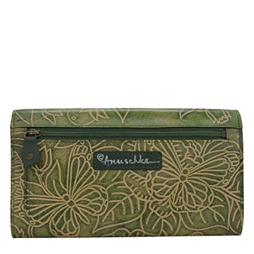 Anuschka Women's Hand Painted Genuine Vegetable Tanned Leather Asymmetric Flap Wallet - Tooled Butterfly Jade