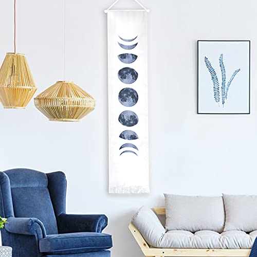 QSUM Linen Moon Phases Tapestry, 53 x 12.5 in Wall Hangings Moon Tapestry Nine Phases of The Full Growth Cycle Wall Art for Home Decorations (White)