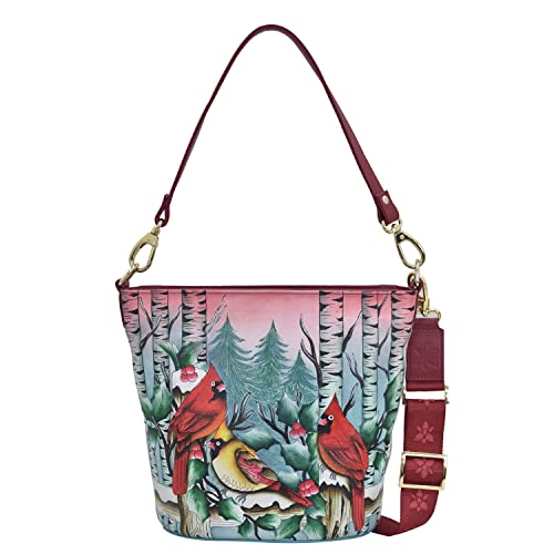 Anuschka Women’s Hand Painted Genuine Leather Tall Bucket Hobo - Snowy Cardinal