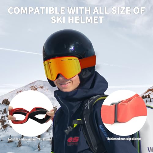 Ski Goggles, Snowboard Goggles, OTG Ski Glasses with UV400 protection, Anti Fog, Anti glare, REVO-Tech Ski Glasses Suitable for snowboarding, snowmobiles Sking Goggles for Men Women