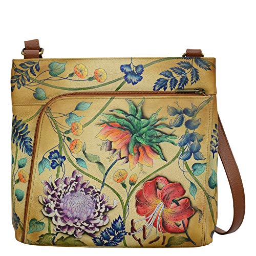 Anuschka Women’s Genuine Leather Crossbody With Front Zip Organizer -  Hand Painted Exterior - Caribbean Garden