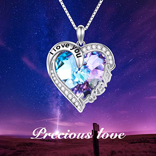 TOUPOP Heart Necklaces for Women Sterling Silver I Love You Forever Necklace with Blue Heart Crystal Jewelry Gifts for Women Girls Birthday Wife Mom Mother's Day Gifts