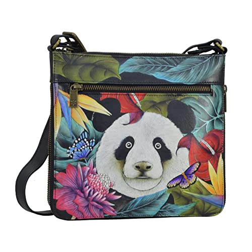 Anuschka Women’s Genuine Leather Expandable Travel Crossbody - Hand Painted Exterior - Happy Panda