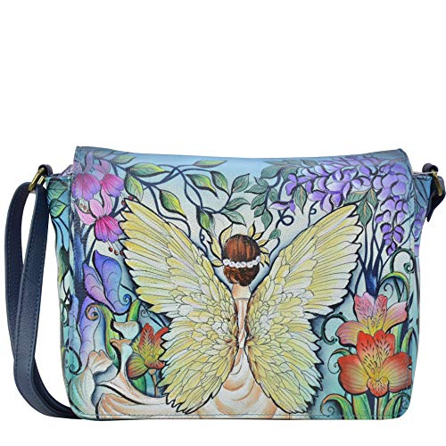 Anuschka Women’s Genuine Leather Medium Flap Crossbody Handbag - Hand Painted Exterior - Enchanted Garden