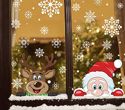 VEYLIN Christmas Window Stickers, 6 Sheet Peeping Santa & Rudolph Snowflakes Window Clings PVC Staic Stickers for Christmas Window Display