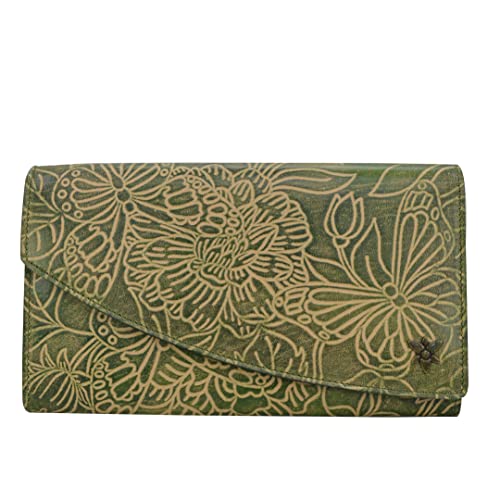 Anuschka Women's Hand Painted Genuine Vegetable Tanned Leather Asymmetric Flap Wallet - Tooled Butterfly Jade