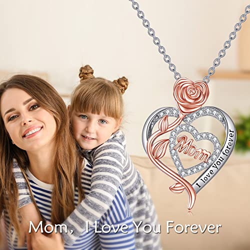 TOUPOP Mother‘ s Day Gifts from Daughter Sterling Silver Mother Neckalce for Women Rose Flower Heart Pendant Jewellery Birthday Gifts for Mum from Son