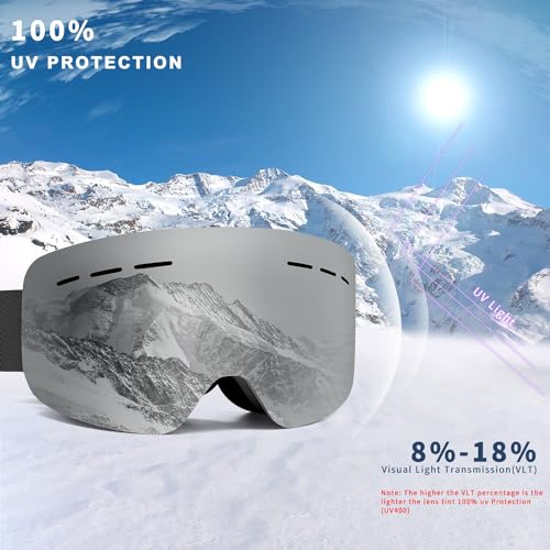 Ski Goggles, Snowboard Goggles, OTG Ski Glasses with UV400 protection, Anti Fog, Anti glare, REVO-Tech Ski Glasses Suitable for snowboarding, snowmobiles Sking Goggles for Men Women