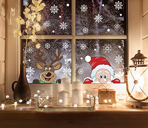 VEYLIN Christmas Window Stickers, 6 Sheet Peeping Santa & Rudolph Snowflakes Window Clings PVC Staic Stickers for Christmas Window Display