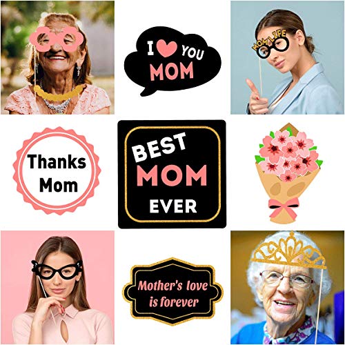 Mothers Birthday Photo Booth Props - 18pcs I Love You Best Mom Ever 2023 Thanks Mom Party Favors