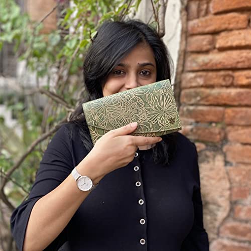 Anuschka Women's Hand Painted Genuine Vegetable Tanned Leather Asymmetric Flap Wallet - Tooled Butterfly Jade