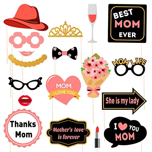 Mothers Birthday Photo Booth Props - 18pcs I Love You Best Mom Ever 2023 Thanks Mom Party Favors