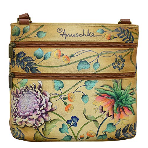 Anuschka Women’s Genuine Leather Crossbody With Front Zip Organizer -  Hand Painted Exterior - Caribbean Garden