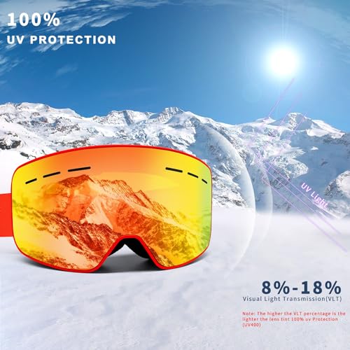 Ski Goggles, Snowboard Goggles, OTG Ski Glasses with UV400 protection, Anti Fog, Anti glare, REVO-Tech Ski Glasses Suitable for snowboarding, snowmobiles Sking Goggles for Men Women