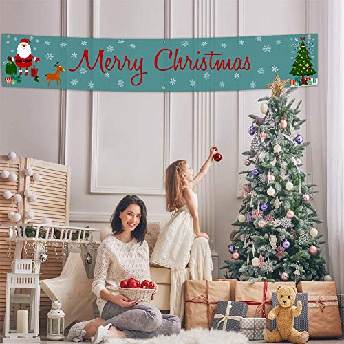 QSUM Merry Christmas Banner for Garland Decorations, Large Xmas Yard Banners Christmas Party Decoration Supplies Home Holiday Bunting Banner for Outdoor and Indoor 9.8 x 1.6 FT