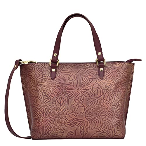 Anuschka Women’s Hand Painted Genuine Leather Medium Tote - Tooled Butterfly Wine