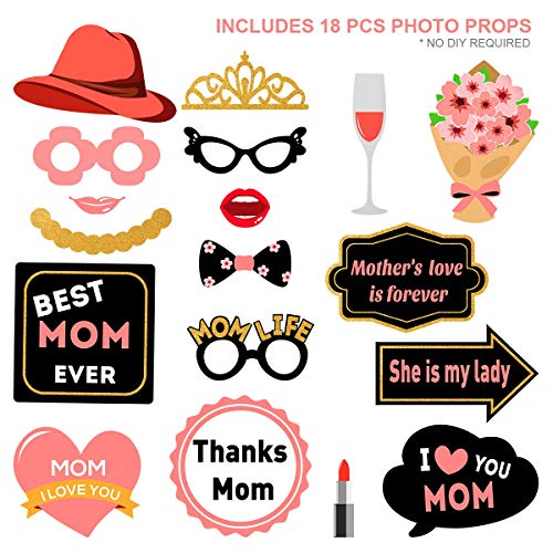 Mothers Birthday Photo Booth Props - 18pcs I Love You Best Mom Ever 2023 Thanks Mom Party Favors