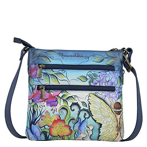 Anuschka Women’s Genuine Leather Expandable Travel Crossbody - Hand Painted Exterior - Enchanted Garden